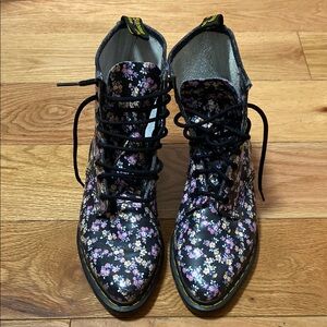 Dr. Martens Black and Pink Floral Combat Boots